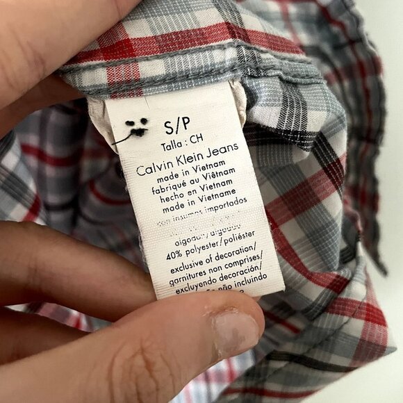 Calvin Klein Jeans red blue black checkered full button down short sleeve cotton - Picture 6 of 6